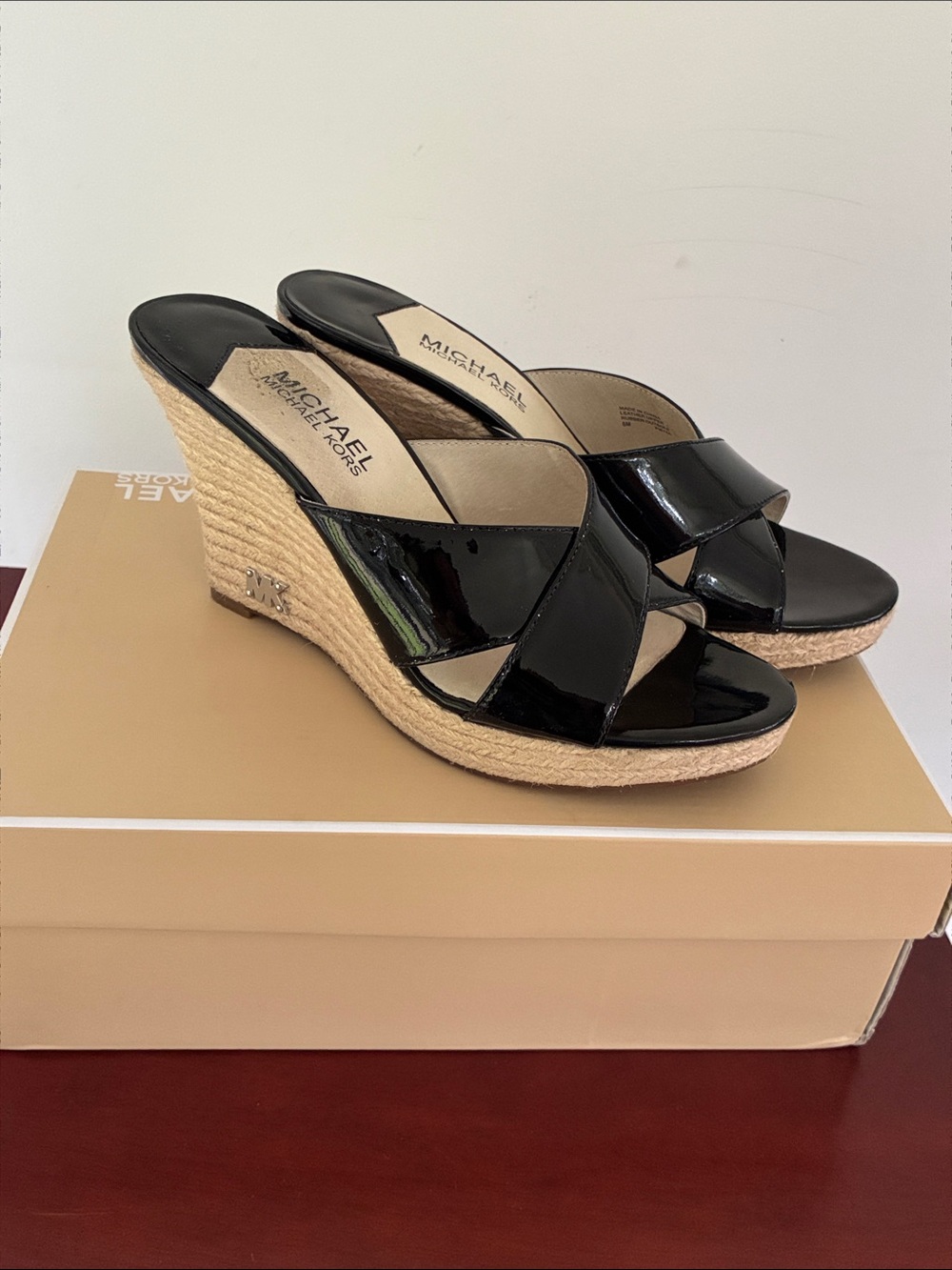 MICHAEL Michael Kors Black Patent Espadrille Wedge Slides